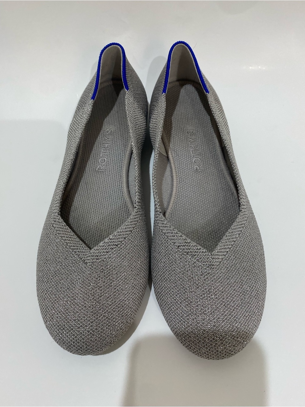 Rothy’s The Flat Ballet flat Silver Metallic Knit with Blue Trim Round toe
